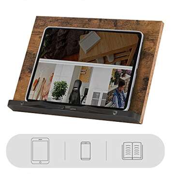 SONGMICS Cookbook Stand, Foldable Cookbook Holder, Recipe Book Holder with Clips, 5-Angle Adjustable, for Kitchen, Rustic Brown ULLD112B01