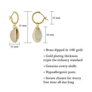Columbus 14K Gold Plated Cowrie Charm Huggie Hoop Earrings - Cowry Drop Dangle Hoops - Huggies for Women (Gold Cowry Shell)