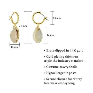 Columbus 14K Gold Plated Cowrie Charm Huggie Hoop Earrings - Cowry Drop Dangle Hoops - Huggies for Women (Gold Cowry Shell)