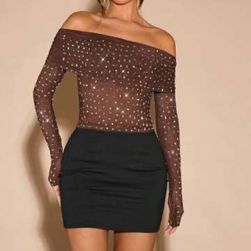 Naileksi Women Off Shoulder Rhinestone Sheer Crop Blouse Long Sleeve Slim Sparkle See Through Mesh Cropped Top Clubwear Brown