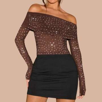 Naileksi Women Off Shoulder Rhinestone Sheer Crop Blouse Long Sleeve Slim Sparkle See Through Mesh Cropped Top Clubwear Brown
