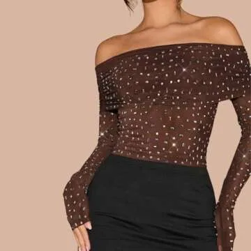 Naileksi Women Off Shoulder Rhinestone Sheer Crop Blouse Long Sleeve Slim Sparkle See Through Mesh Cropped Top Clubwear Brown