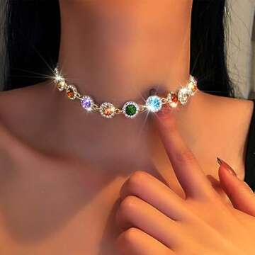 ACEDRE Colorful Crystal Choker Necklace Sparkly Rhinestone Chokers Necklaces Gold Chain Party Prom N...