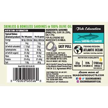 Season Sardines in Olive Oil - Skinless & Boneless, Wild Caught, 22g of Protein, Keto Snacks, More Omega 3's Than Tuna, Kosher, High in Calcium, Canned Sardines - 4.37 Oz Tins, 12-Pack