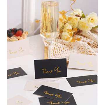 Gold Mini Thank You Cards Small Business - 100 PK - Flat Card No Fold, 2 x 3.5 Inches Thank You for Your Order Cards Thank You for Your Support Cards for Wedding Black and Off White Color