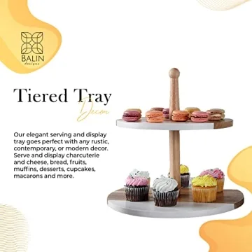BALIN DESIGNS Two Tiered Serving Tray, White Round Acacia Wood Tiered Tray, 2 Tier Serving Stand for Kitchen Counter Decor, Round Wooden Trays for Home Decor - White Marble