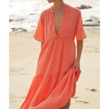 R.Vivimos Womens Summer Cotton Flowy Maxi Dress Short Sleeve V Neck Empire Waist Boho Tiered Ruffle ...