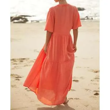 R.Vivimos Womens Summer Cotton Flowy Maxi Dress Short Sleeve V Neck Empire Waist Boho Tiered Ruffle Casual Loose Long Dresses (Medium, CoralOrange)