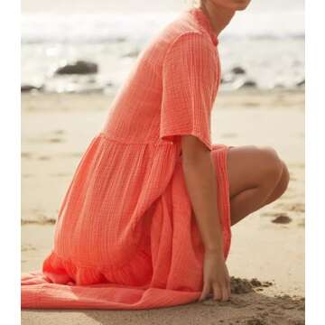 R.Vivimos Womens Summer Cotton Flowy Maxi Dress Short Sleeve V Neck Empire Waist Boho Tiered Ruffle Casual Loose Long Dresses (Medium, CoralOrange)