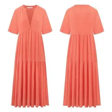 R.Vivimos Womens Summer Cotton Flowy Maxi Dress Short Sleeve V Neck Empire Waist Boho Tiered Ruffle Casual Loose Long Dresses (Medium, CoralOrange)