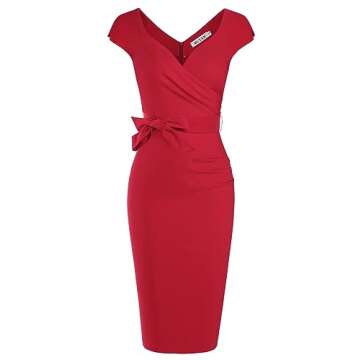 MUXXN Womens Elegant V Neck Pleated Sheath Belted Formal Party Midi Pencil Dress Red M