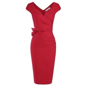 MUXXN Womens Elegant V Neck Pleated Sheath Belted Formal Party Midi Pencil Dress Red M