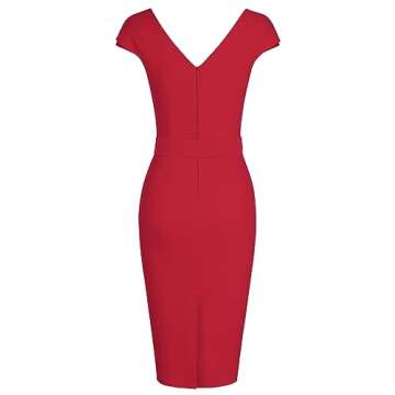 MUXXN Womens Elegant V Neck Pleated Sheath Belted Formal Party Midi Pencil Dress Red M