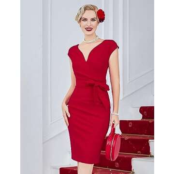 MUXXN Womens Elegant V Neck Pleated Sheath Belted Formal Party Midi Pencil Dress Red M