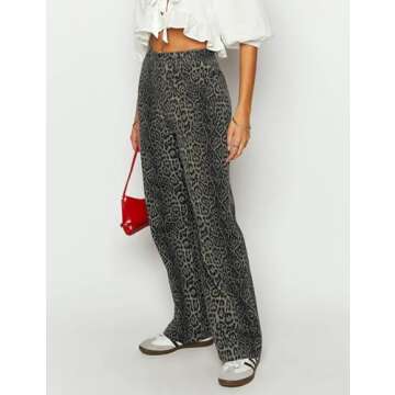 POTILI Womens Straight Leg Jeans, Leopard Print Cheetah Jeans for Women Trendy Baggy Wide Leg Loose Fit Y2K Denim Pants