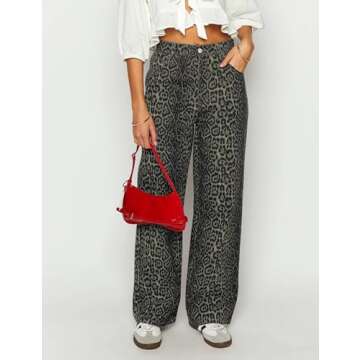 POTILI Womens Straight Leg Jeans, Leopard Print Cheetah Jeans for Women Trendy Baggy Wide Leg Loose Fit Y2K Denim Pants