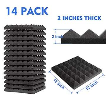 Jazzpuss Sound Proof Foam Panels, 2 inches Thick Acoustic Foam, 14 packs 2"x 12"x 12" Acoustic Foam Panels (Black）