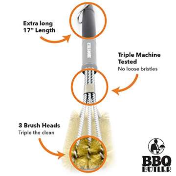 BBQ Butler Brass Grill Brush for All Grill Types - Triple Headed Tool