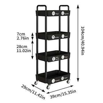 Laiensia 4-Tier Storage Cart,Multifunction Utility Rolling Cart Kitchen Storage Organizer,Mobile Shelving Unit Cart with Lockable Wheels for Bathroom,Laundry,Living Room,With Classified Stickers,Black