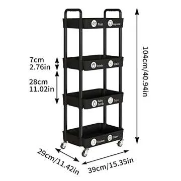 Laiensia 4-Tier Storage Cart,Multifunction Utility Rolling Cart Kitchen Storage Organizer,Mobile Shelving Unit Cart with Lockable Wheels for Bathroom,Laundry,Living Room,With Classified Stickers,Black