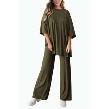 PRETTYGARDEN Women's 2 Piece Outfits Casual Short Sleeve Pullover Tops and Wide Leg Pants Lounge Sets Tracksuits (Army Green,Medium)