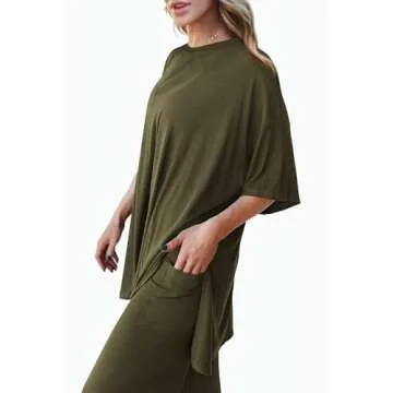 PRETTYGARDEN Women's 2 Piece Outfits Casual Short Sleeve Pullover Tops and Wide Leg Pants Lounge Sets Tracksuits (Army Green,Medium)