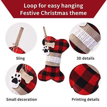 Yostyle Pet Dog Christmas Stockings Set of 3,Buffalo Plaid 18" Large Bone Shape Pets Stockings for Dogs Christmas Holiday Decorations