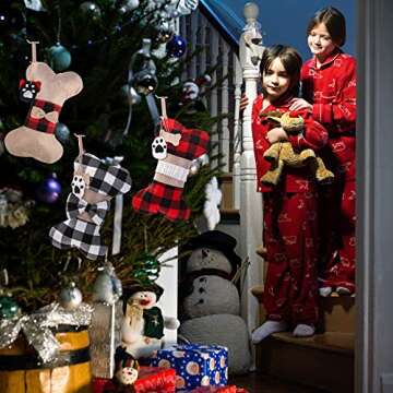 Yostyle Pet Dog Christmas Stockings Set of 3,Buffalo Plaid 18" Large Bone Shape Pets Stockings for Dogs Christmas Holiday Decorations