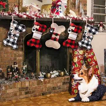 Yostyle Pet Dog Christmas Stockings Set of 3,Buffalo Plaid 18" Large Bone Shape Pets Stockings for Dogs Christmas Holiday Decorations