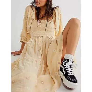 Chloefairy Women's Flower Embroidered Maxi Dress Lantern Sleeve Square Neck Tiered Flowy Spring Fall Dress (as1, Alpha, s, Regular, Regular, Apricot)