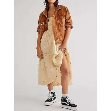 Chloefairy Women's Flower Embroidered Maxi Dress Lantern Sleeve Square Neck Tiered Flowy Spring Fall Dress (as1, Alpha, s, Regular, Regular, Apricot)