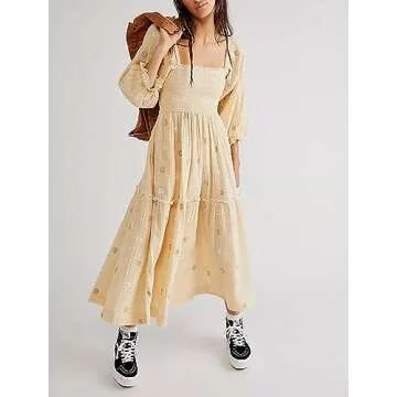 Chloefairy Women's Flower Embroidered Maxi Dress Lantern Sleeve Square Neck Tiered Flowy Spring Fall Dress (as1, Alpha, s, Regular, Regular, Apricot)