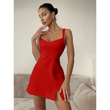 GOKATOSAU Women's Sleeveless Sweetheart Neckline A-line Split Bodycon Mini Dress Red