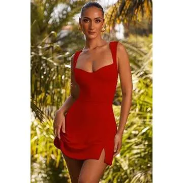 GOKATOSAU Women's Sleeveless Sweetheart Neckline A-line Split Bodycon Mini Dress Red