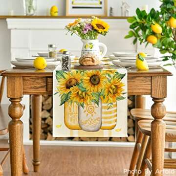 Artoid Mode Vase Sunflower Sunshine Summer Table Runner, Seasonal Kitchen Dining Table Decoration fo...