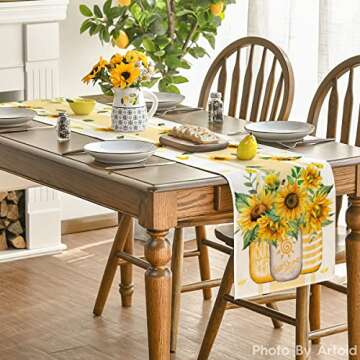 Artoid Mode Vase Sunflower Sunshine Summer Table Runner, Seasonal Kitchen Dining Table Decoration for Home Party Decor 13x72 Inch
