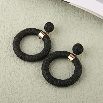 Scddboy Raffia Earrings for Women,Bohemian Earrings Handmade Braid Hoop Drop Dangle Earrings