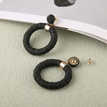 Scddboy Raffia Earrings for Women,Bohemian Earrings Handmade Braid Hoop Drop Dangle Earrings