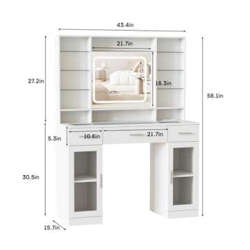Fameill Makeup Vanity with Lights, 43.4inch Vanity Desk with Power Strip, 3 Drawers and 2 Cabinets M...