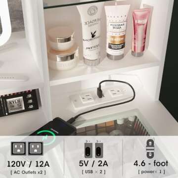 Fameill Makeup Vanity with Lights, 43.4inch Vanity Desk with Power Strip, 3 Drawers and 2 Cabinets Makeup Table with Lighted Mirror, 3 Lighting Colors, White