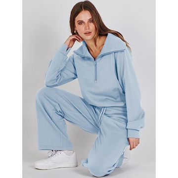 ANRABESS Women 2 Piece Outfits Sweatsuit Oversized Sweatshirt Sweatpants Tracksuit Sweat Lounge Matching Set 2024 Fall Trendy Sky Blue X-Large