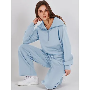 ANRABESS Women 2 Piece Outfits Sweatsuit Oversized Sweatshirt Sweatpants Tracksuit Sweat Lounge Matching Set 2024 Fall Trendy Sky Blue X-Large
