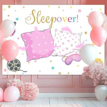 Mocsicka Sleepover Party Backdrop Sleepover Pajamas Pillow Fight Pink Girl Party Decorations Slumber Party Banner Photography Background Cake Table Studio Props (5x3ft)