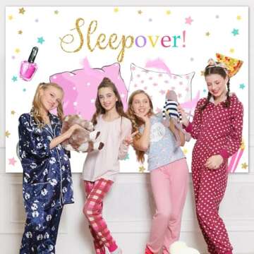 Mocsicka Sleepover Party Backdrop Sleepover Pajamas Pillow Fight Pink Girl Party Decorations Slumber Party Banner Photography Background Cake Table Studio Props (5x3ft)