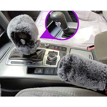 ixiton 3Pcs/Set Fashion Faux Wool Fur Furry Steering Wheel Cover,Short Hair Soft Fluffy Handbrake Cover,Gear Shift Cover,Universal Thickening Fuzzy Warm Non-Slip Auto Interior (Automatic,Black Grey)
