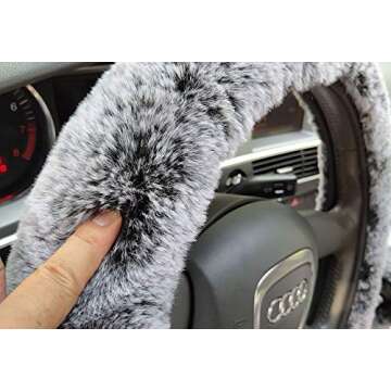 ixiton 3Pcs/Set Fashion Faux Wool Fur Furry Steering Wheel Cover,Short Hair Soft Fluffy Handbrake Cover,Gear Shift Cover,Universal Thickening Fuzzy Warm Non-Slip Auto Interior (Automatic,Black Grey)