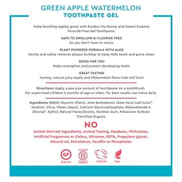 Desert Essence, Green Apple Watermelon Toothpaste Kids Gel, 4.7 oz. - Safe to Swallow, Fluoride Free, SLS Free, Gluten-Free, Vegan, Plant Powered Formula, Great Tasting, Removes Plaque and Buildup