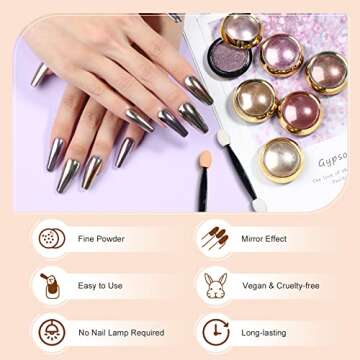 Saviland Chrome Nail Powder Set - 6 Colors Metallic Gold Chrome Nail Powder Mirror Effect Holographic Chameleon Pigment Chrome Powder for Gel Nails Manicure Nail Glitter Dust for Nail Art Decorations