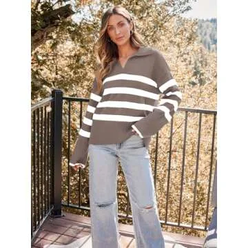 LILLUSORY Striped Oversized V Neck Sweater for Women