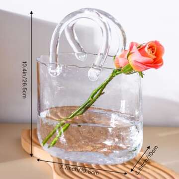 Fixwal Glass Purse Vase for Flowers, Clear Bag Vases with Handle, Unique Cute Handbag Shape Decorati...